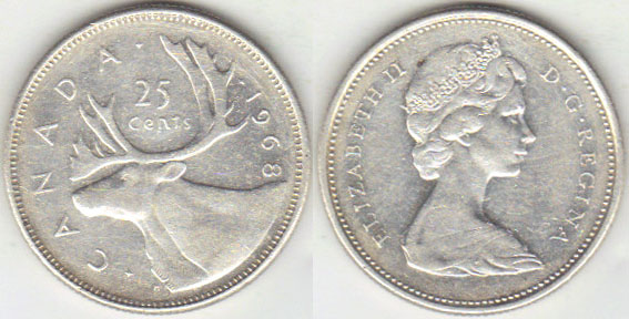 1968 Canada silver 25 Cents A002697